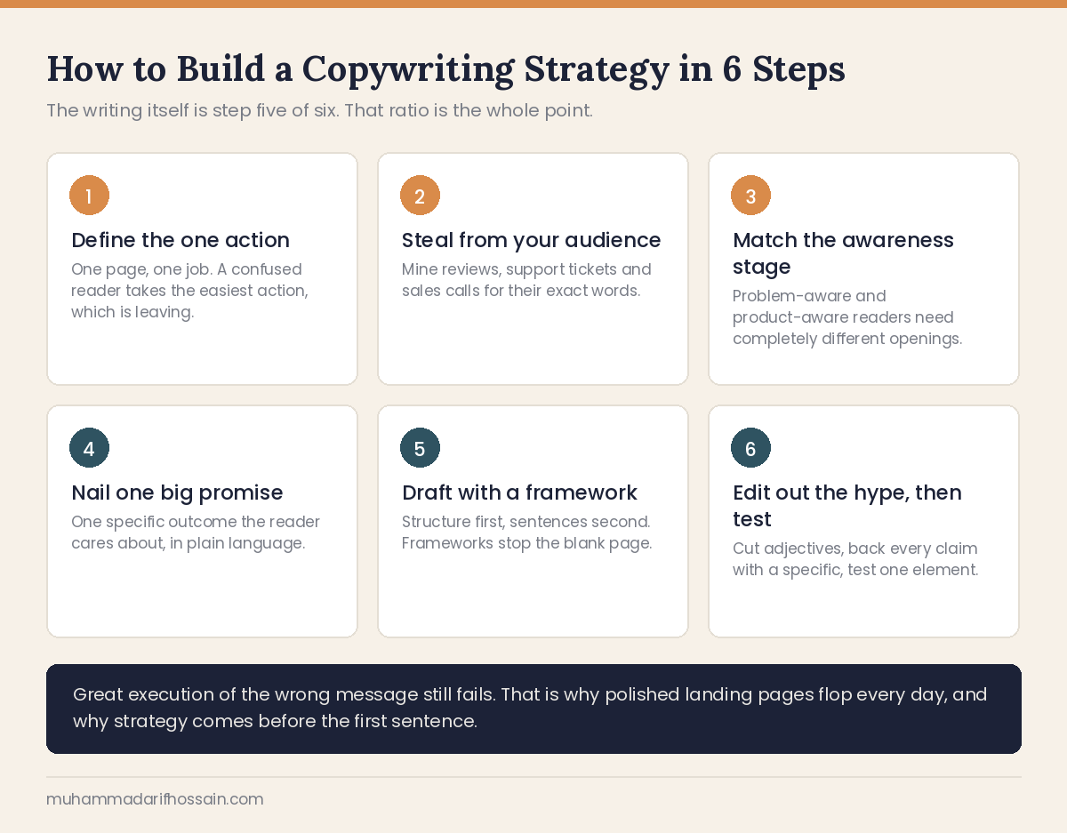 Infographic showing how to build a copywriting strategy in 6 steps, from defining one action to testing the copy