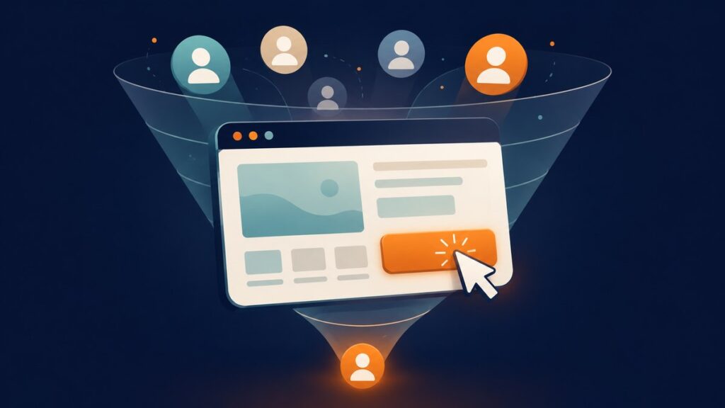 Illustration of a website funnel with visitors entering and a cursor clicking an orange call to action button, showing conversion rate optimization