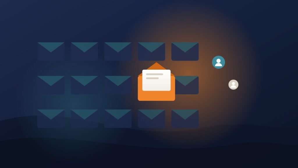 Illustration of many unopened emails with one opened and glowing, showing cold email marketing reply rates