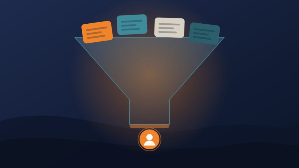 Illustration of content pieces feeding through a funnel to one converted reader, showing a content marketing strategy