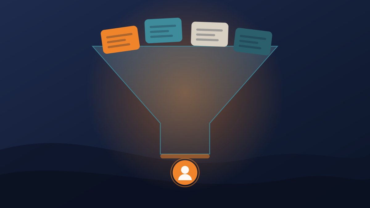 Illustration of content pieces feeding through a funnel to one converted reader, showing a content marketing strategy