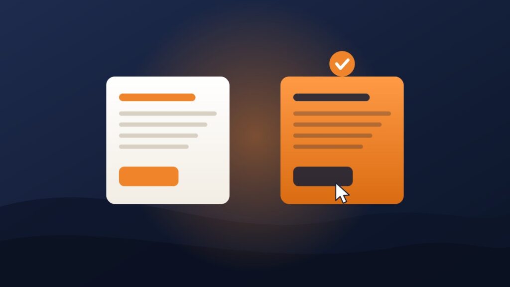 Illustration of two headline variations side by side with the winning version selected, showing copywriting strategy testing