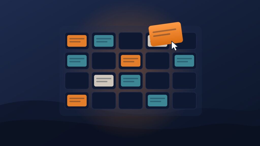 Illustration of a content calendar grid with posts scheduled into slots and one being dragged in