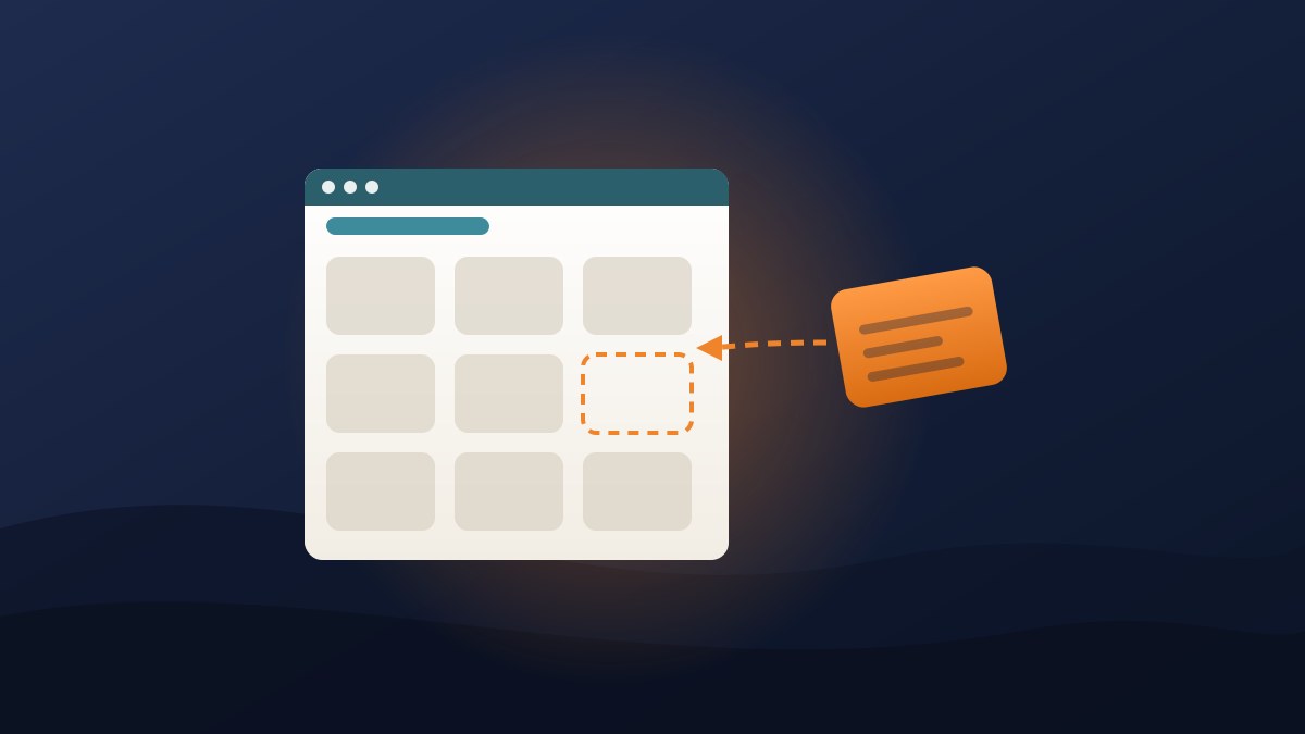 Illustration of a plugin tile slotting into an empty slot in a WordPress dashboard grid