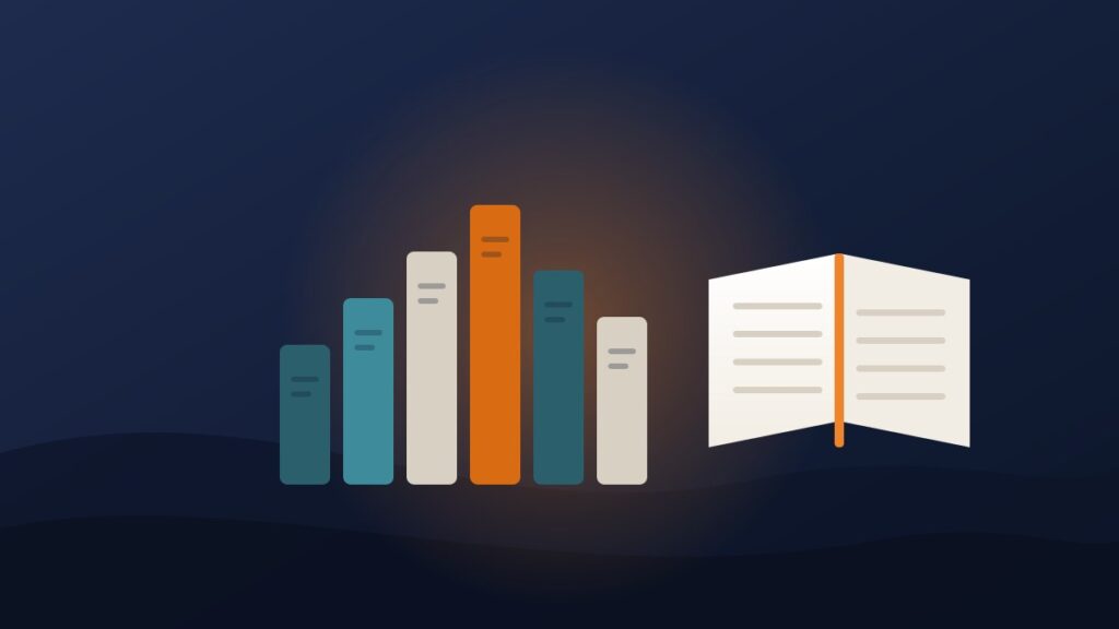Illustration of a row of books rising like a progress chart beside an open book, showing how to read more books
