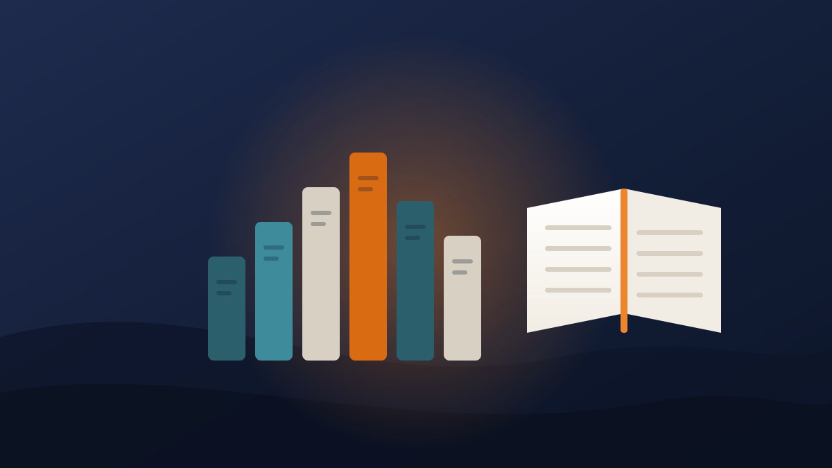 Illustration of a row of books rising like a progress chart beside an open book, showing how to read more books