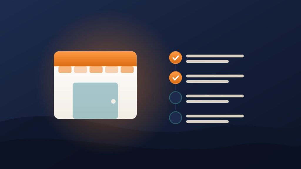 Illustration of a small storefront beside a checklist of startup steps, showing how to start a business