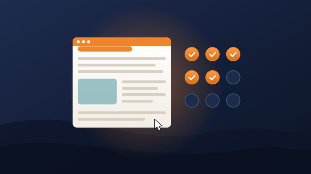 Illustration of a blog post being drafted in a browser beside a nine step progress tracker