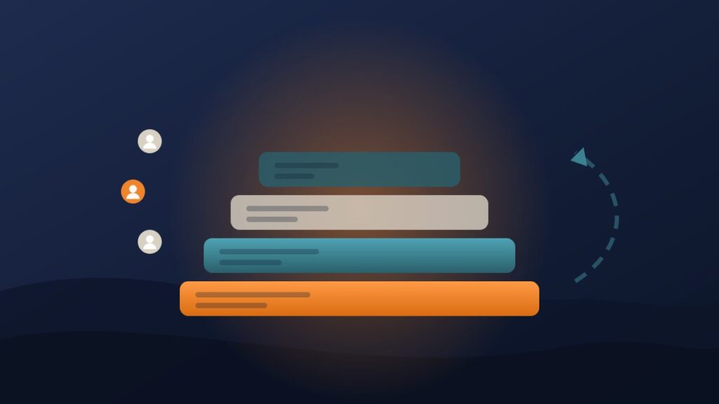 Illustration of four stacked academy tiers with a recurring loop arrow and students moving up