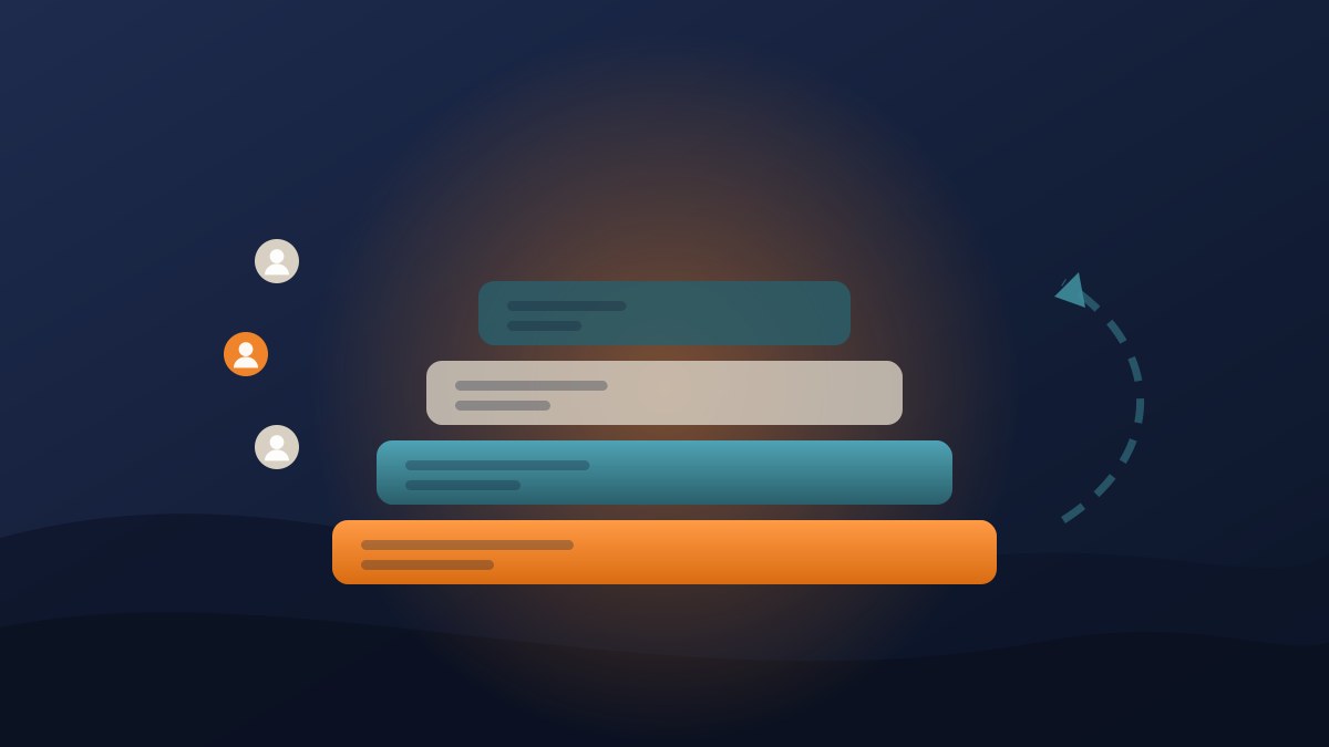 Illustration of four stacked academy tiers with a recurring loop arrow and students moving up